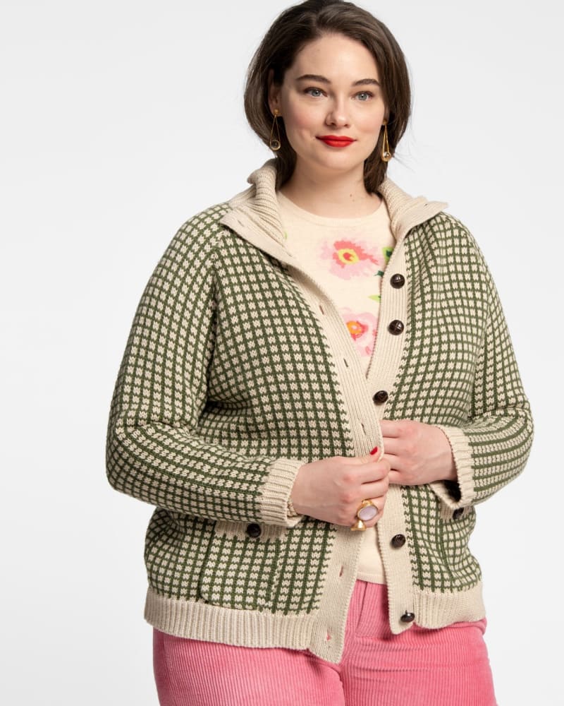 Front of a model wearing a size 2X Archie Cardigan Natural Green in Natural Green by Frances Valentine. | dia_product_style_image_id:242812